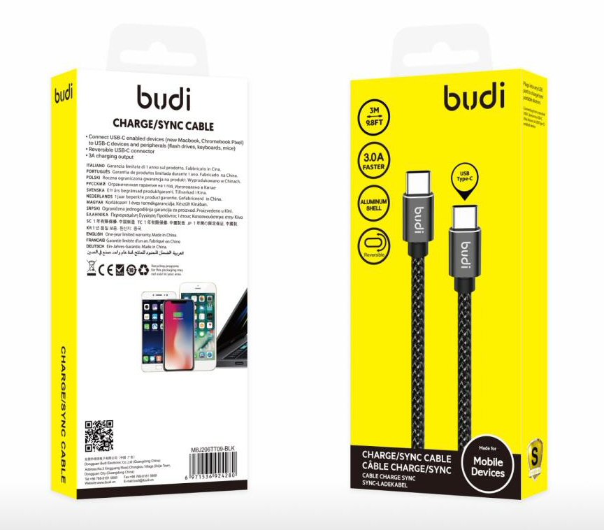 Budi 3m 3.0A USB Type-C to Type-C Reversible Alluminum Shell Braided Cable  FoneFunShop   