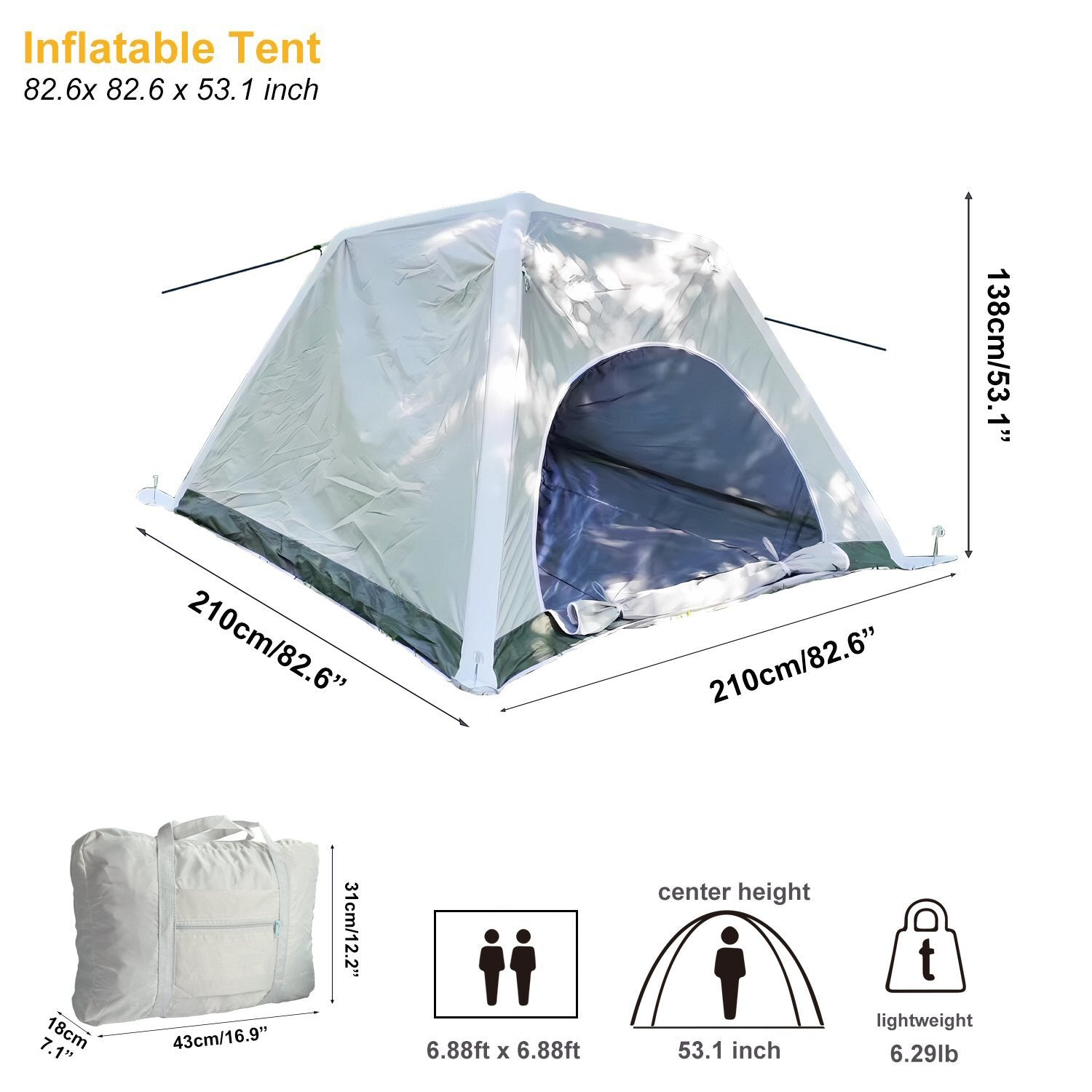 Inflatable Camping Tent 3-4 Man Quick 2 Minute Setup 2m Square Waterproof Tent FoneFunShop   