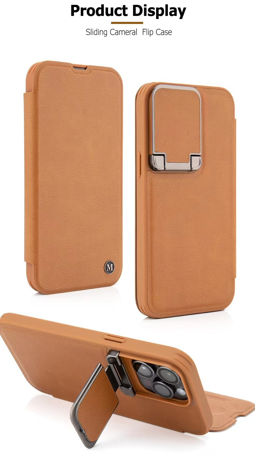 Leather Flip Case with Stand and Camera Protection For iPhone 15 Pro in Tan Camera FoneFunShop   