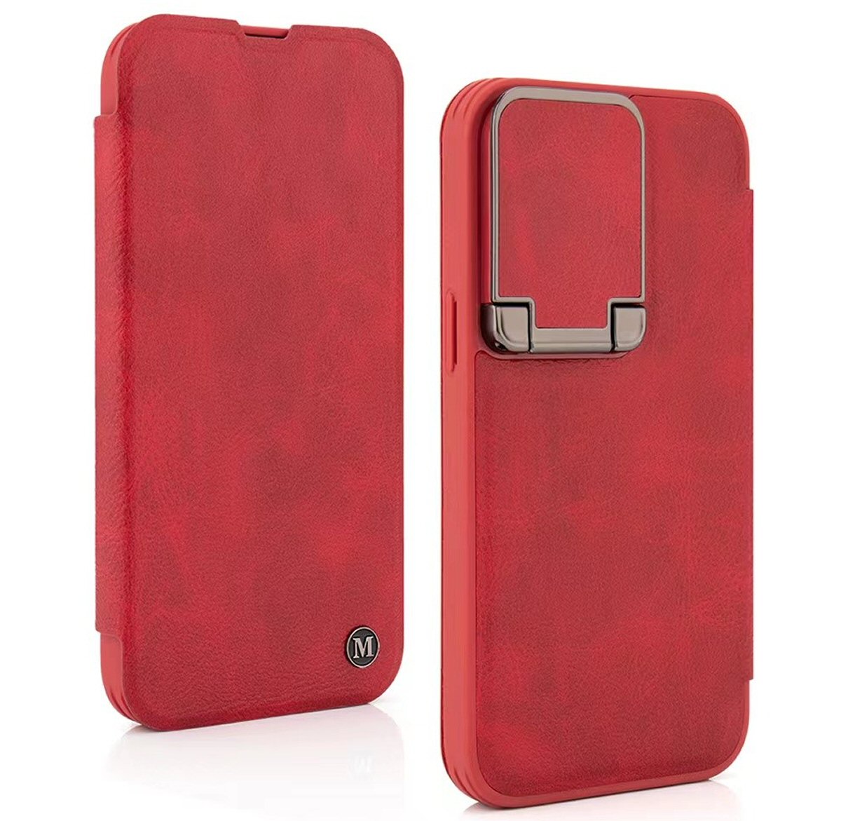 Leather Flip Case with Stand and Camera Protection For iPhone 15 Pro in Red Camera FoneFunShop   