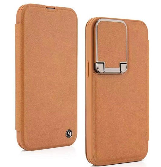 Leather Flip Case with Stand and Camera Protection For iPhone 15 Pro Max in Tan Camera FoneFunShop   