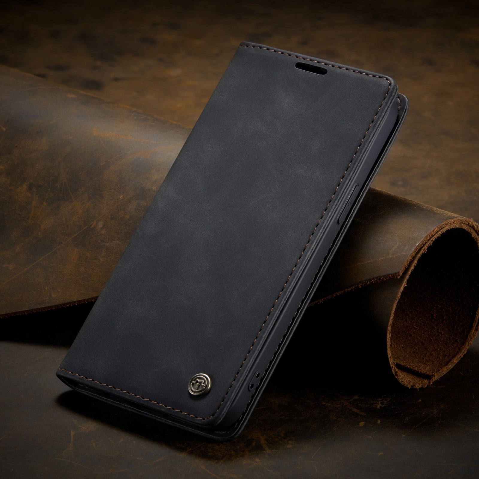 Flip Case For iPhone 13 Wallet in Black Handmade Leather Magnetic Folio Flip Case Cover FoneFunShop   