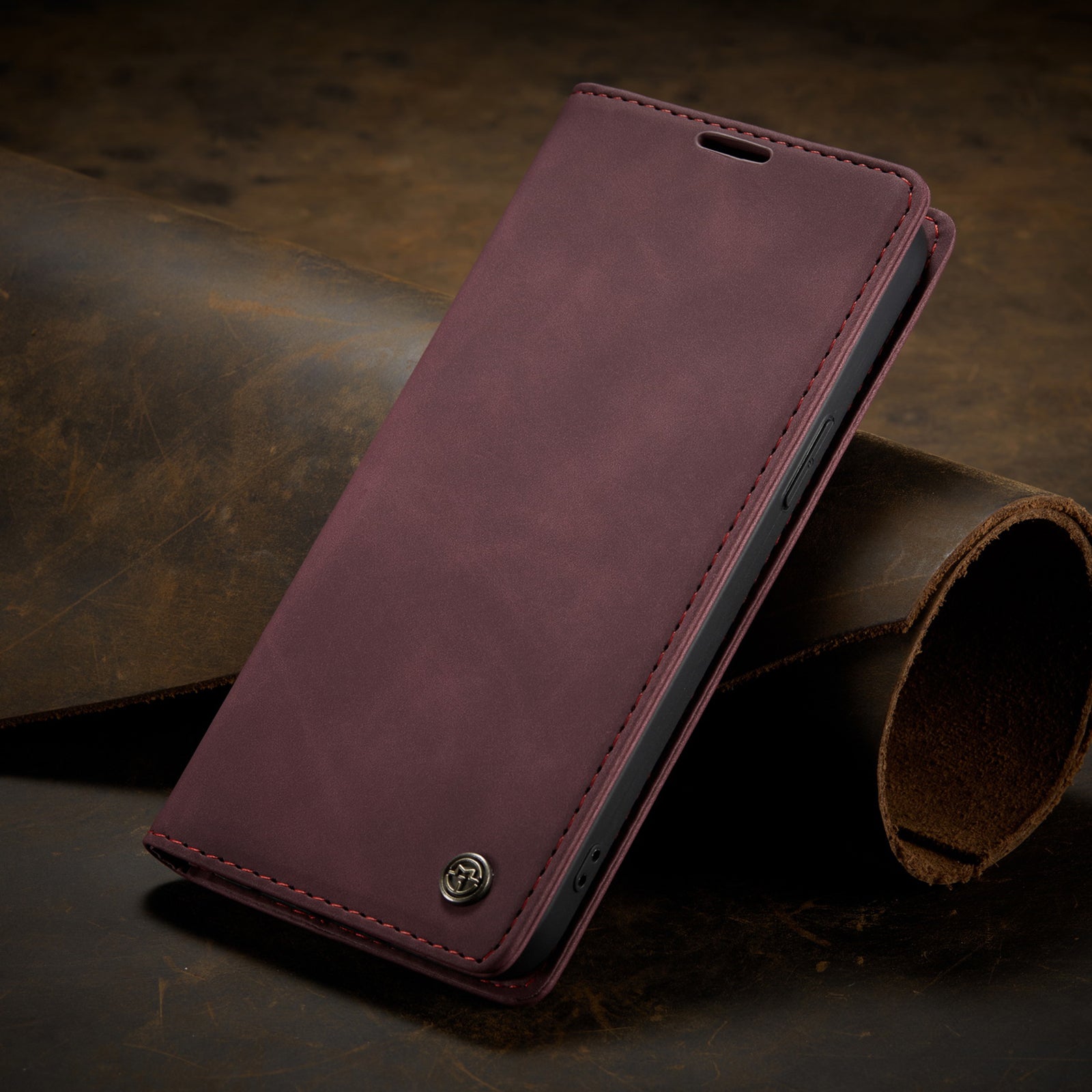 Flip Case For iPhone 13 Wallet in Burgundy Handmade Leather Magnetic Folio Flip Case Cover FoneFunShop   