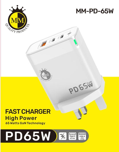 3 Port Plug Charger 65W PD MM with GaN Technology with 2 x Type C and Usb A Charger FoneFunShop   