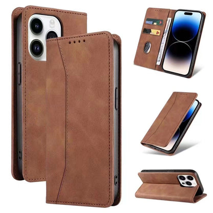 Flip Case For iPhone 15 Leather Multi Card Holder Phone Case Stand in Brown Case Cover FoneFunShop   