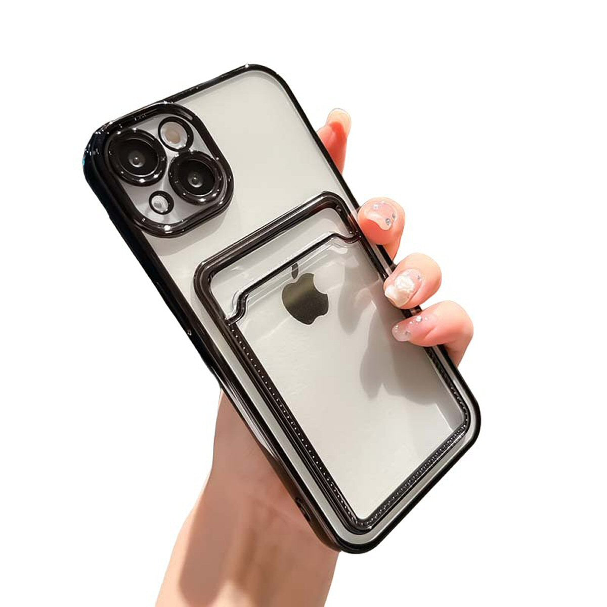 Case For iPhone 14Pro 15Pro Clear View Card Holder With Styled Edge Black Case Cover FoneFunShop   