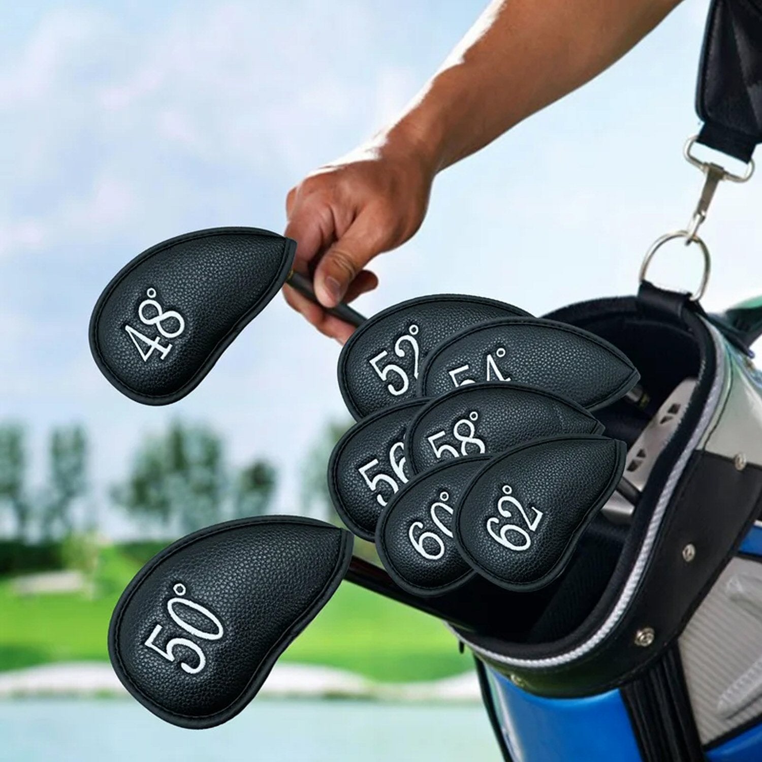 PU Leather Wedge Iron Head Covers Black 8 Pcs Golf FoneFunShop   