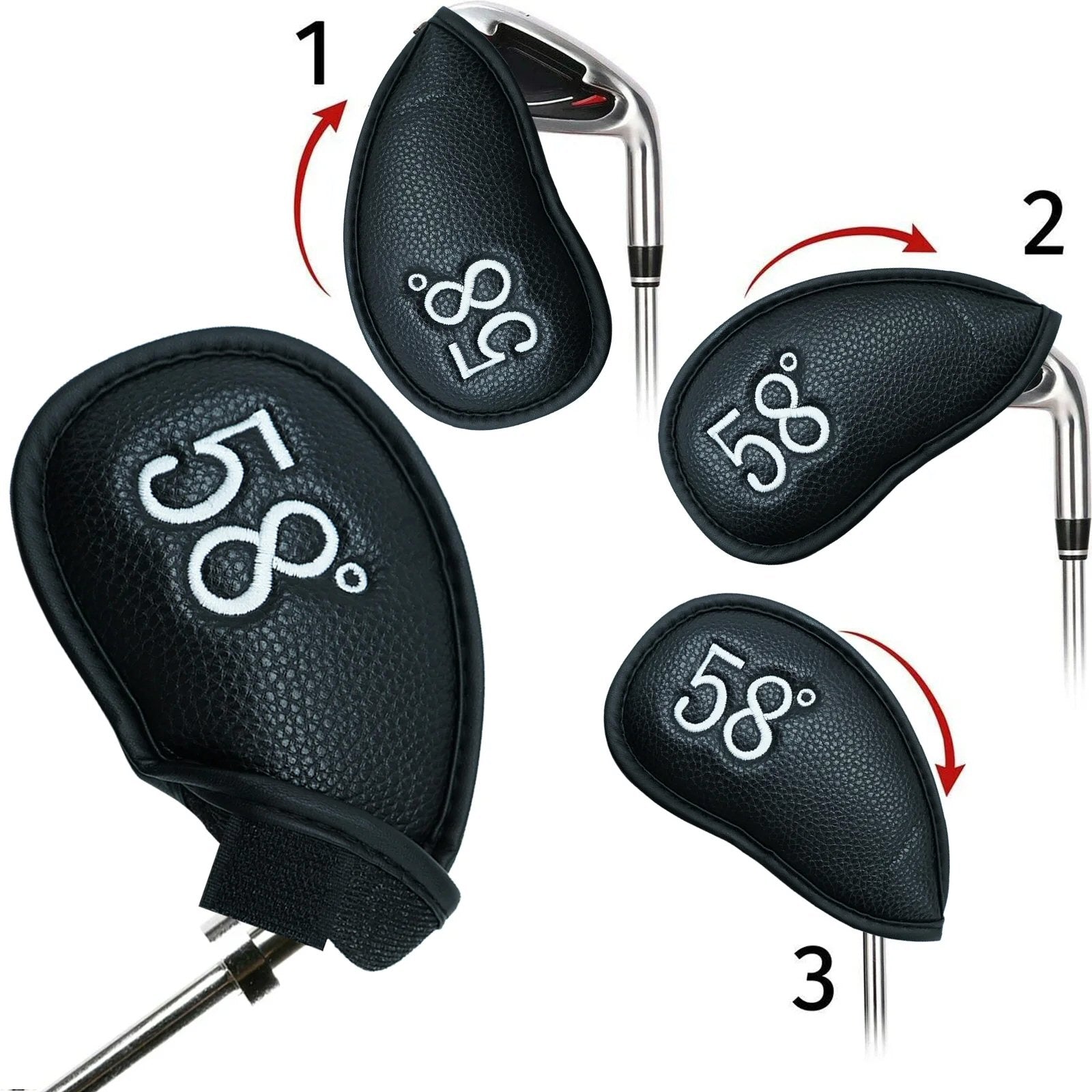 PU Leather Wedge Iron Head Covers Black 8 Pcs Golf FoneFunShop   