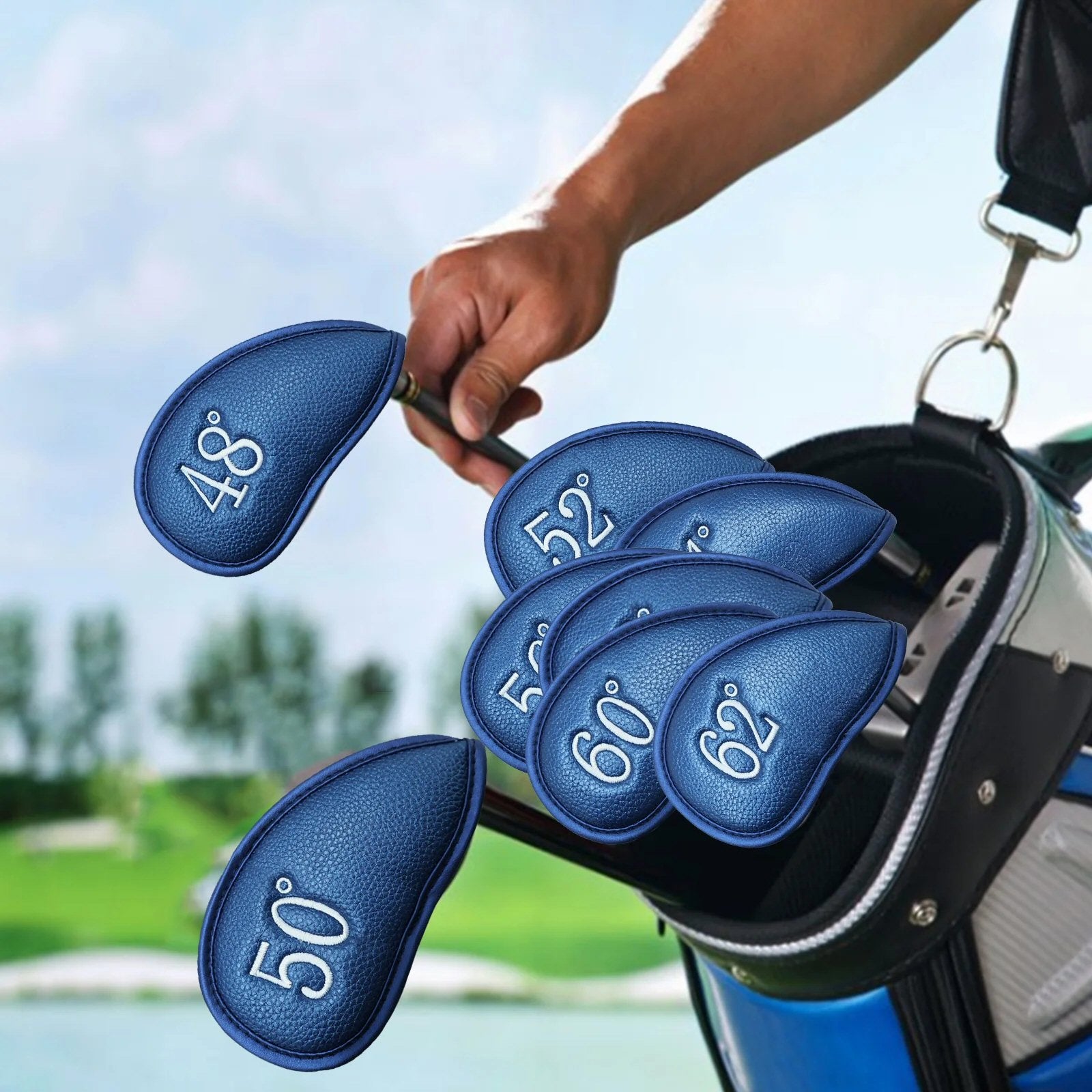 PU Leather Wedge Iron Head Covers Blue 8 Pcs Golf FoneFunShop   