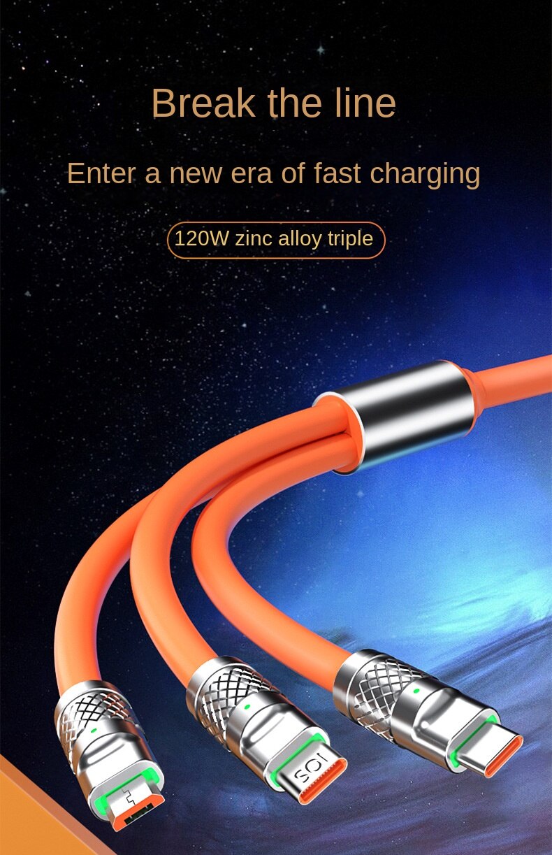 Fast Charging Cable For Mobile Phone 3 in 1 120W Orange Zinc Alloy LED Cable FoneFunShop   