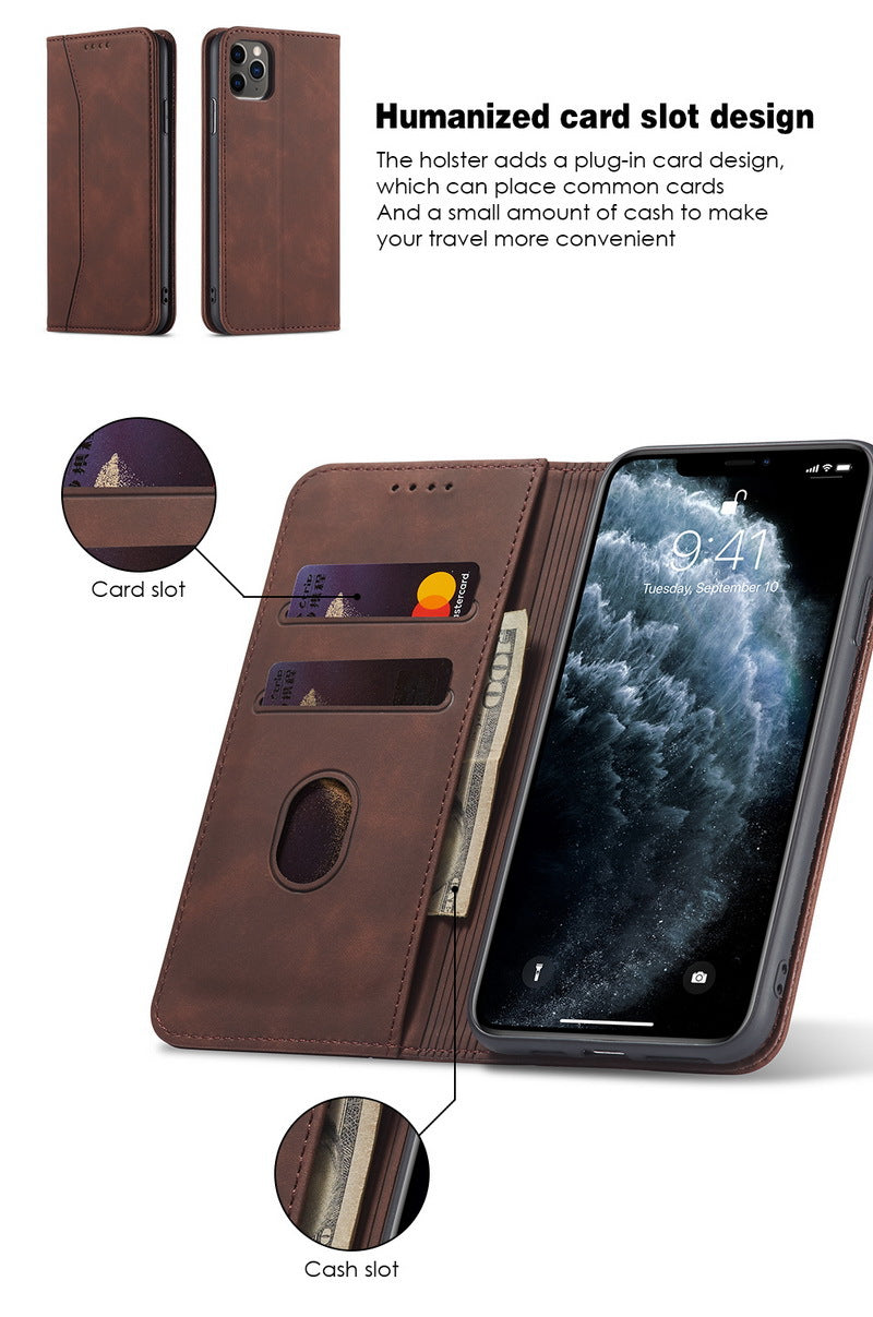 Flip Case For iPhone 15 Leather Multi Card Holder Phone Case Stand in Brown Case Cover FoneFunShop   