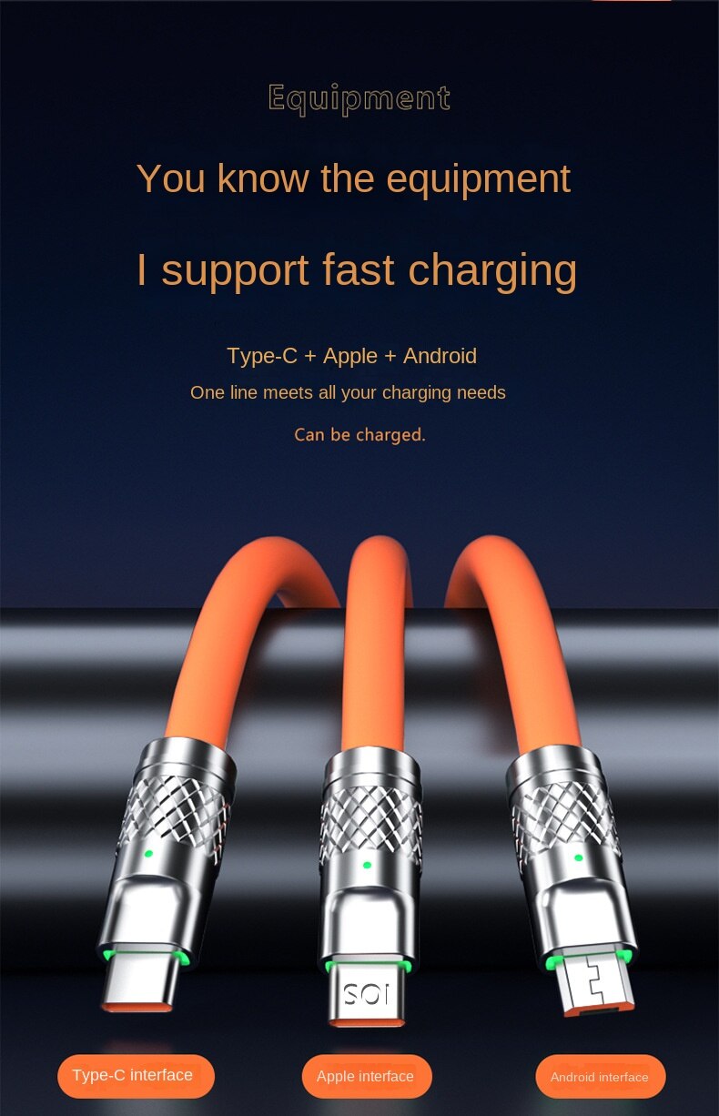 Fast Charging Cable For Mobile Phone 3 in 1 120W Orange Zinc Alloy LED Cable FoneFunShop   