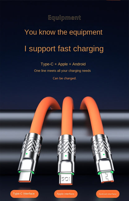 Fast Charging Cable For Mobile Phone 3 in 1 120W Orange Zinc Alloy LED Cable FoneFunShop   