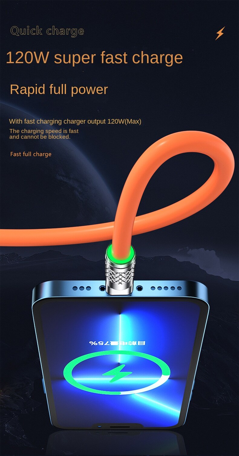 Fast Charging Cable For Mobile Phone 3 in 1 120W Orange Zinc Alloy LED Cable FoneFunShop   