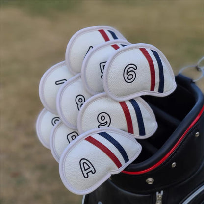 Golf Leather Headcovers Irons Set 9 Pcs Iron Head Covers in White With Stripes Golf FoneFunShop   