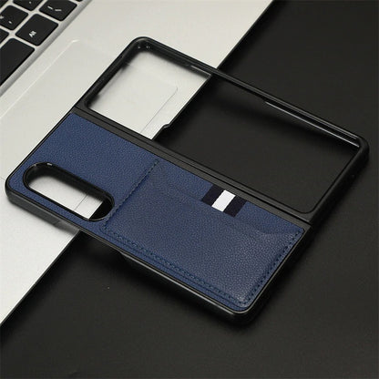 Case For Samsung Z Fold 4 Blue Litchi PU Leather Retro Card Holder Case Cover FoneFunShop   