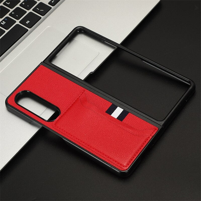 Case For Samsung Z Fold 4 Red Litchi PU Leather Retro Card Holder Case Cover FoneFunShop   