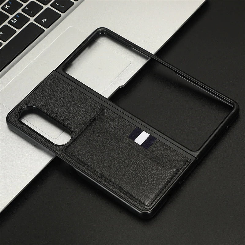 Case For Samsung Z Fold 4 Black Litchi PU Leather Retro Card Holder Case Cover FoneFunShop   