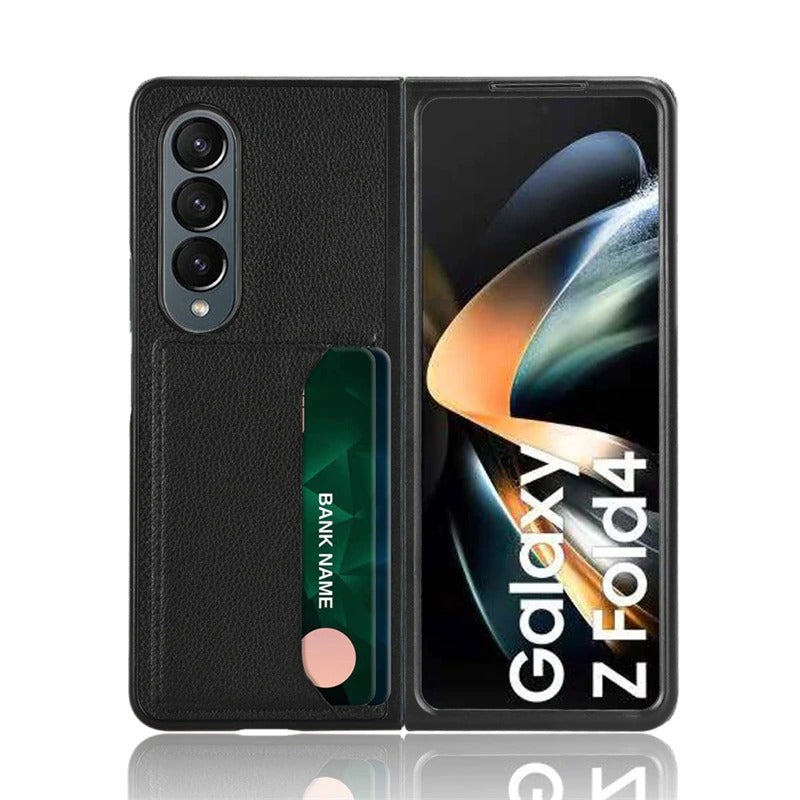 Case For Samsung Z Fold 4 Black Litchi PU Leather Retro Card Holder Case Cover FoneFunShop   