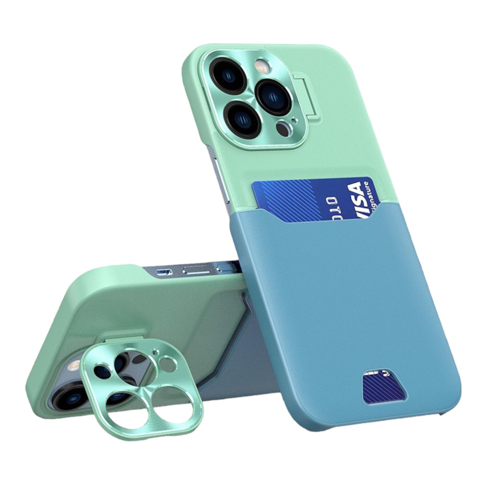 Case For iPhone 14 in Green Blue Card Holder Lens Protector Stand Case Cover FoneFunShop   