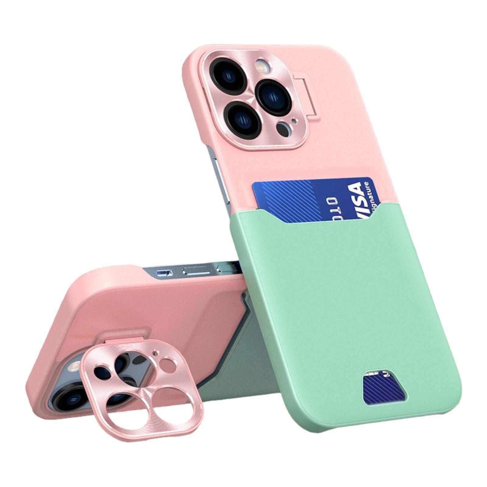 Case For iPhone 14 in Green Pink Card Holder Lens Protector Stand Case Cover FoneFunShop   