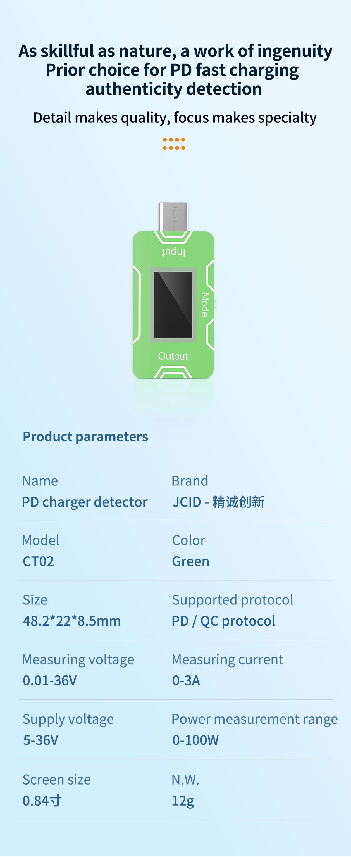 JCID CT02 PD Fast Charger Detector USB-C Mains Tester Voltage Watt Current  FoneFunShop   