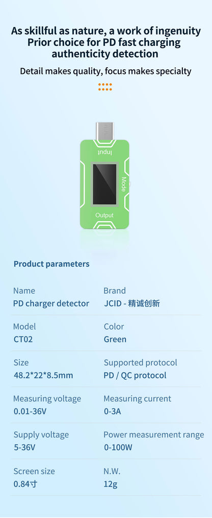 JCID CT02 PD Fast Charger Detector USB-C Mains Tester Voltage Watt Current  FoneFunShop   