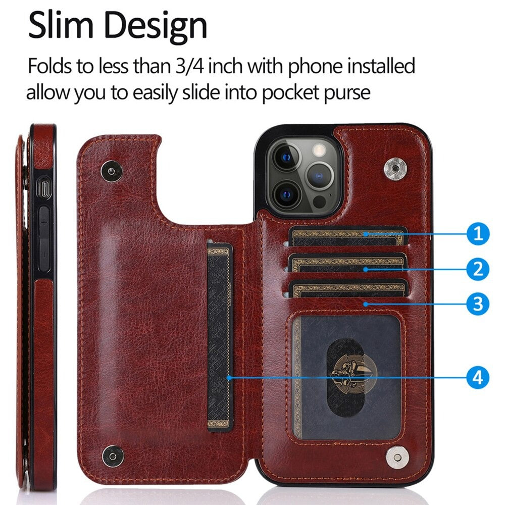 Case For iPhone 14 Plus 15 Plus in Brown Flip Leather Multi Card Holder Case Cover FoneFunShop   