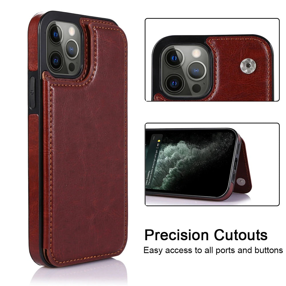 Case For iPhone 14pm 15pm in Brown Flip Leather Multi Card Holder Case Cover FoneFunShop   