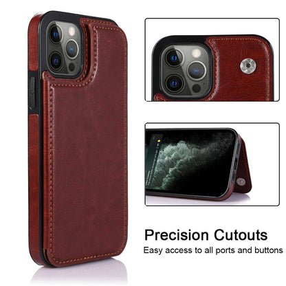 Case For iPhone 14 Plus 15 Plus in Brown Flip Leather Multi Card Holder Case Cover FoneFunShop   