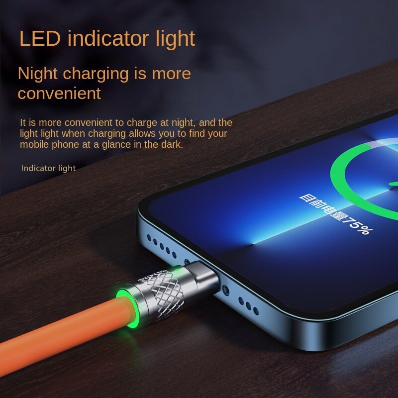 Fast Charging Cable For Mobile Phone 3 in 1 120W Orange Zinc Alloy LED Cable FoneFunShop   