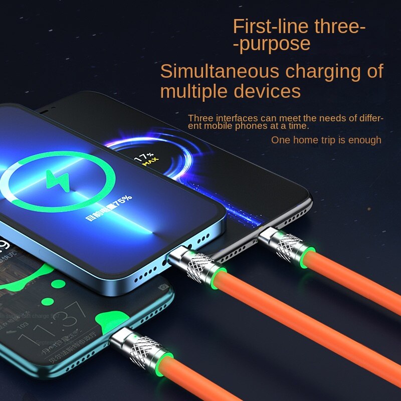 Fast Charging Cable For Mobile Phone 3 in 1 120W Orange Zinc Alloy LED Cable FoneFunShop   