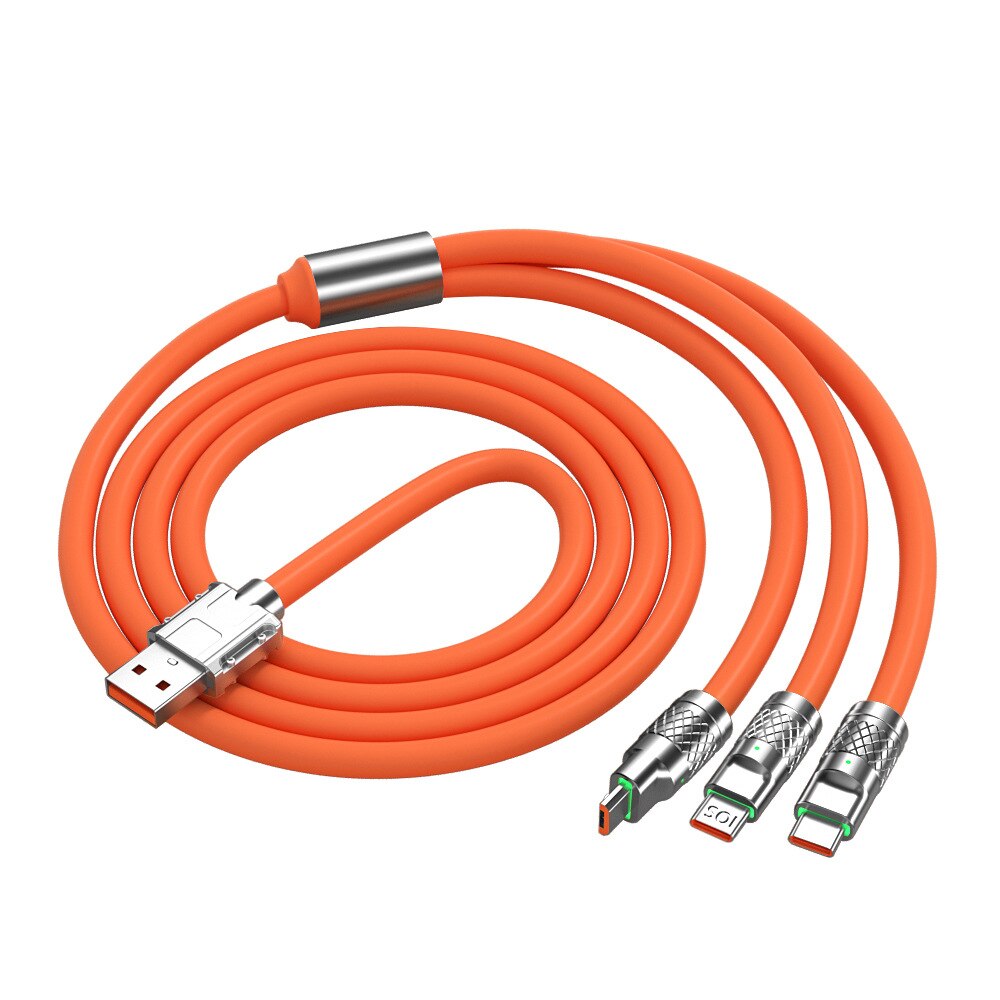 Fast Charging Cable For Mobile Phone 3 in 1 120W Orange Zinc Alloy LED Cable FoneFunShop   