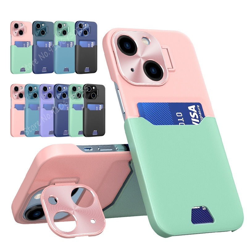 Case For iPhone 14 in Blue Card Holder Lens Protector Stand Case Cover FoneFunShop   