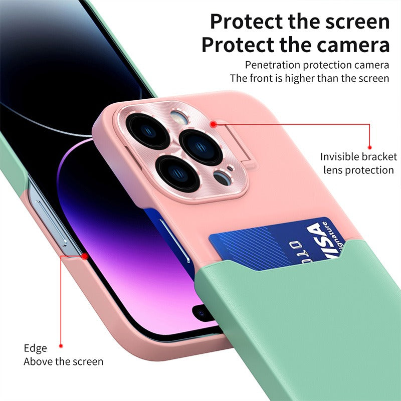 Case For iPhone 14 Pro Max in Blue Green Card Holder Lens Protector Stand Case Cover FoneFunShop   