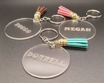 Personalised Keyring Clear Perspex with Key Chain and Coloured Leather Tassle  FoneFunShop   