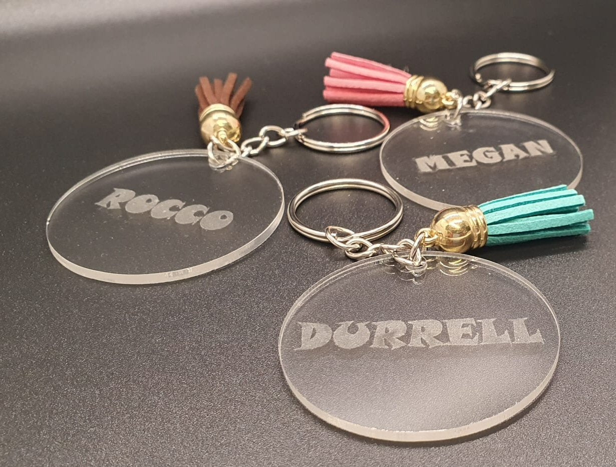 Personalised Keyring Clear Perspex with Key Chain and Coloured Leather Tassle  FoneFunShop   