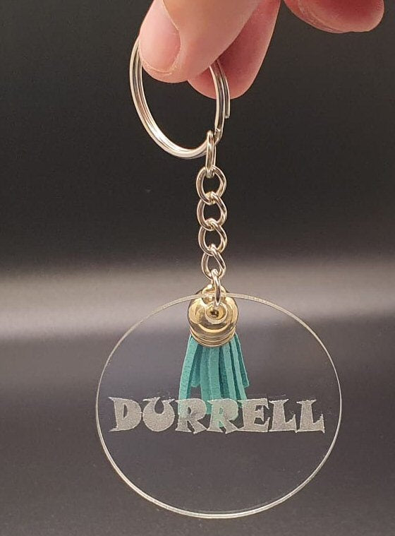 Personalised Keyring Clear Perspex with Key Chain and Coloured Leather Tassle  FoneFunShop   