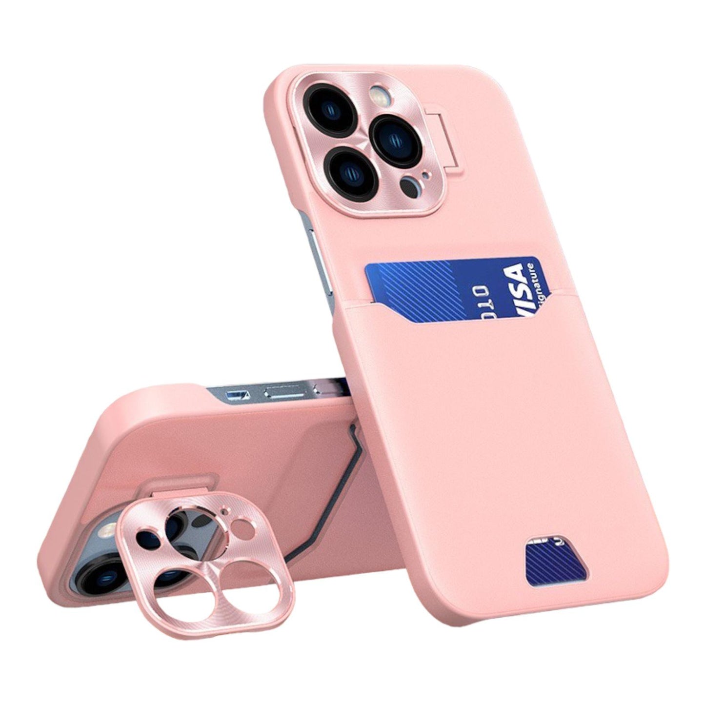 Case For iPhone 14 in Pink Card Holder Lens Protector Stand Case Cover FoneFunShop   