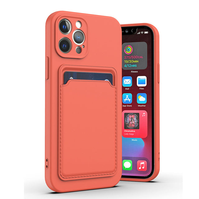 Case For iPhone 14 Pro Max 15 Pro Max Silicone Card Holder in Pink Citrus Case Cover FoneFunShop   