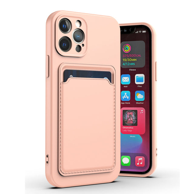 Case For iPhone 14 Plus 15 Plus Silicone Card Holder Protection in Pink Case Cover FoneFunShop   