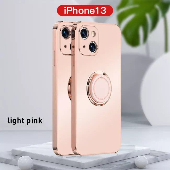 Case For iPhone 13 in Pink Luxury Plating Magnetic Car Ring Case Cover FoneFunShop   