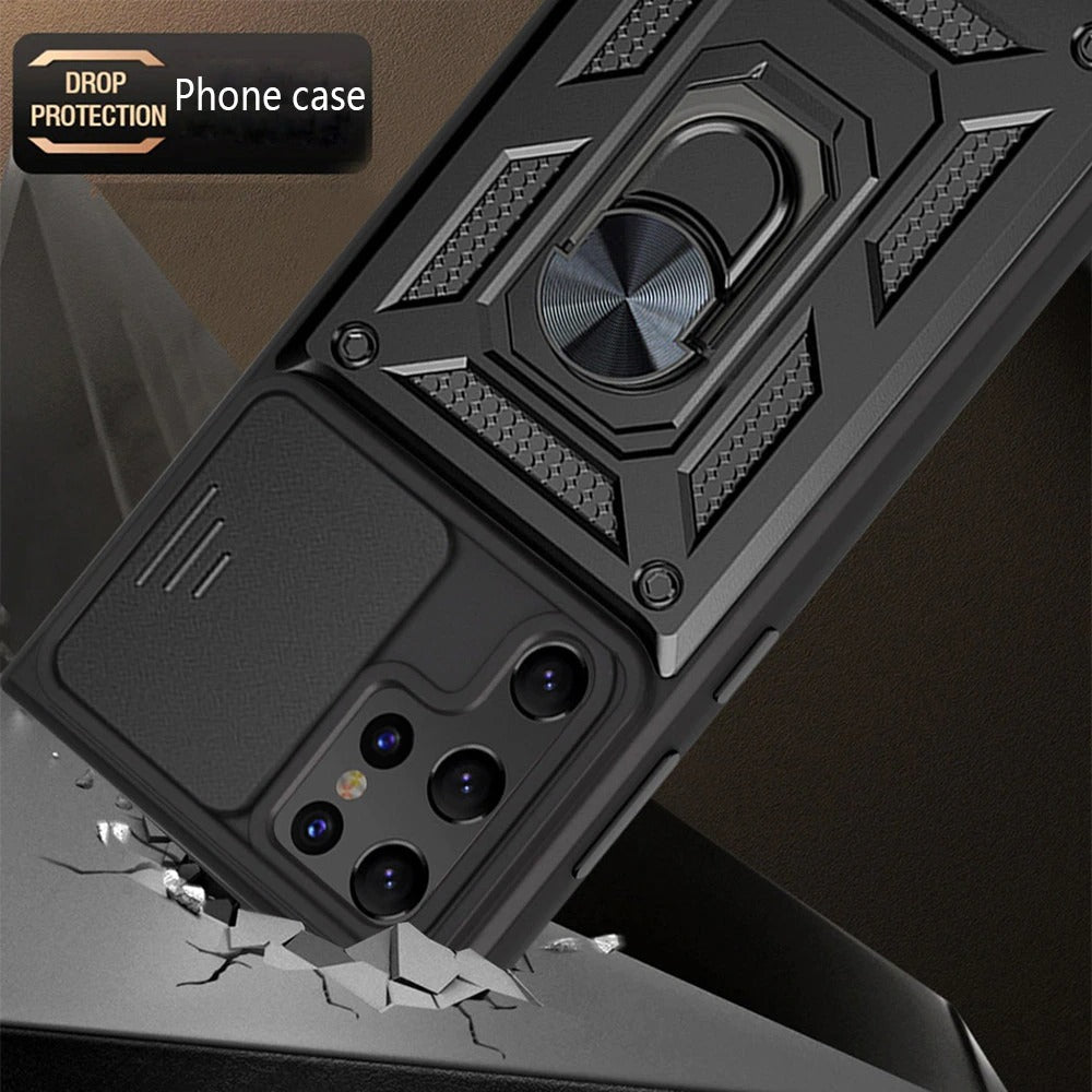 Case For Samsung S22 Black Armoured Clip On With Ring Holder Case Cover FoneFunShop   