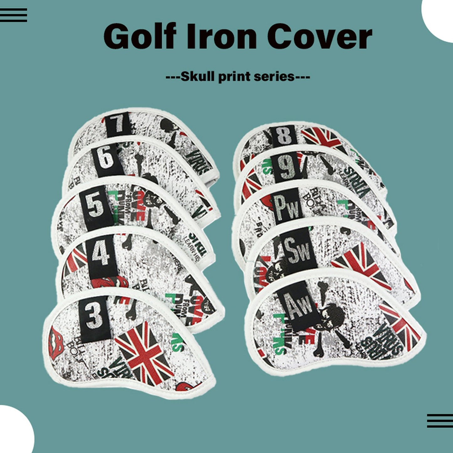 Golf Club Iron Head Covers 10 Piece Set UK Flag Skull Headcover Protector Golf FoneFunShop   